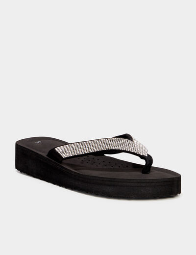 Tongs compensées à strass noir femme