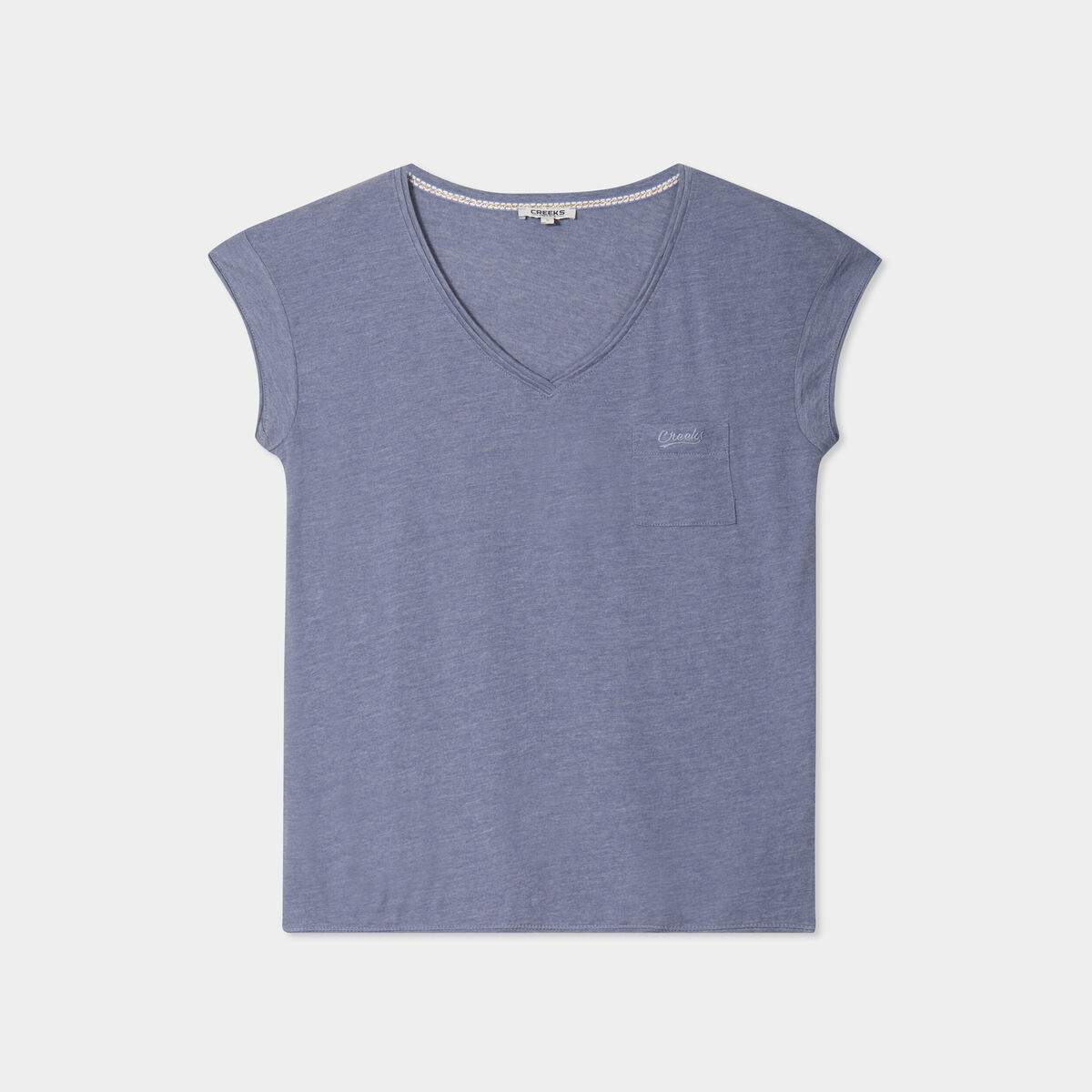 T-shirt col v poche poitrine Creeks bleu gris femme