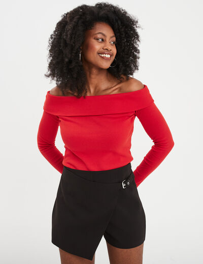 T-shirt col bardot manches longues coton rouge femme