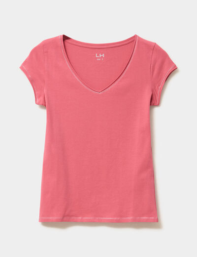 T-shirt col V ajust&eacute; manches courtes vieux rose femme