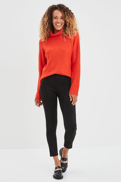 Pull col roulé droit manches longues rouge corail femme