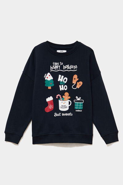 Sweat oversize No&euml;l col rond bleu marine gar&ccedil;on