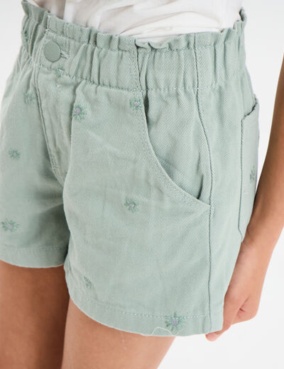 Short brodé taille élastiquée coton vert kaki fille