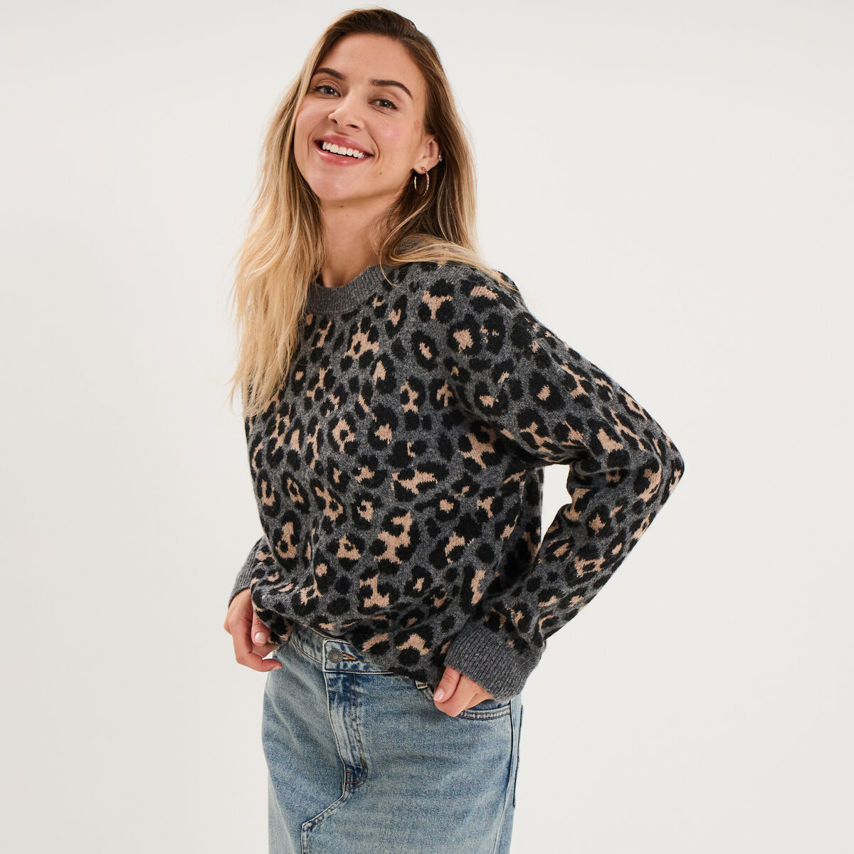 Pull col rond &agrave; manches longues gris moyen femme