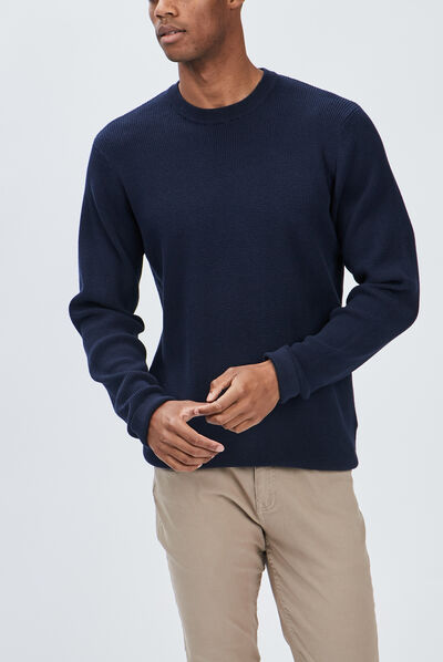 Pull avec col rond à relief bleu marine homme