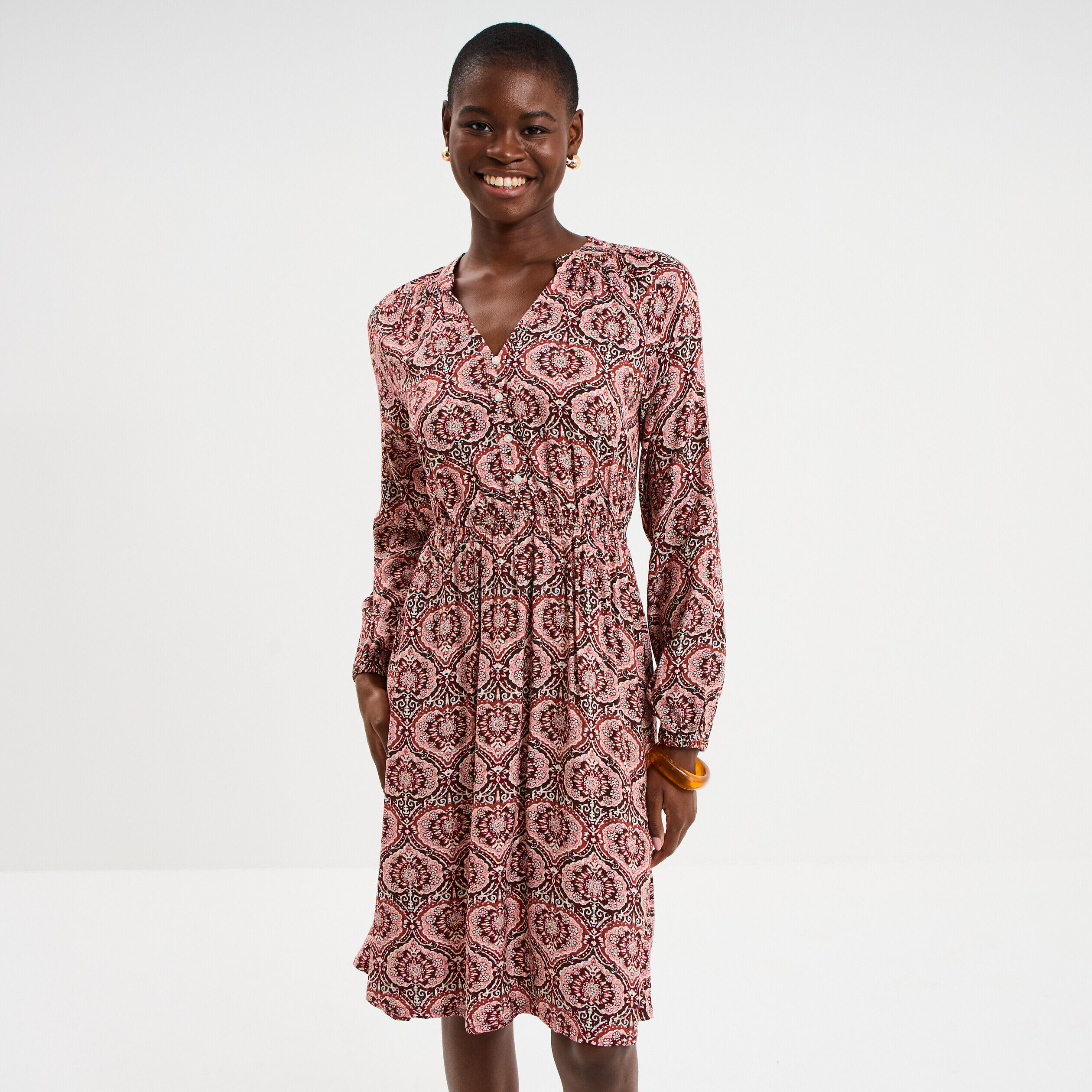 Robe midi fluide col en V marron chocolat femme CREEKS