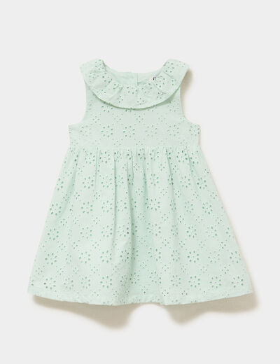 Robe &eacute;vas&eacute;e broderie anglaise coton vert pastel b&eacute;b&eacute; fille
