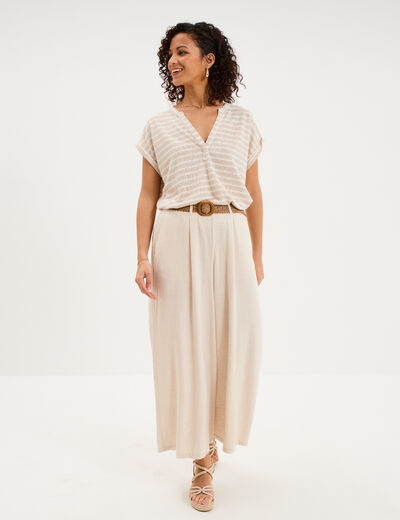 T-shirt col tunisien manches courtes beige clair femme
