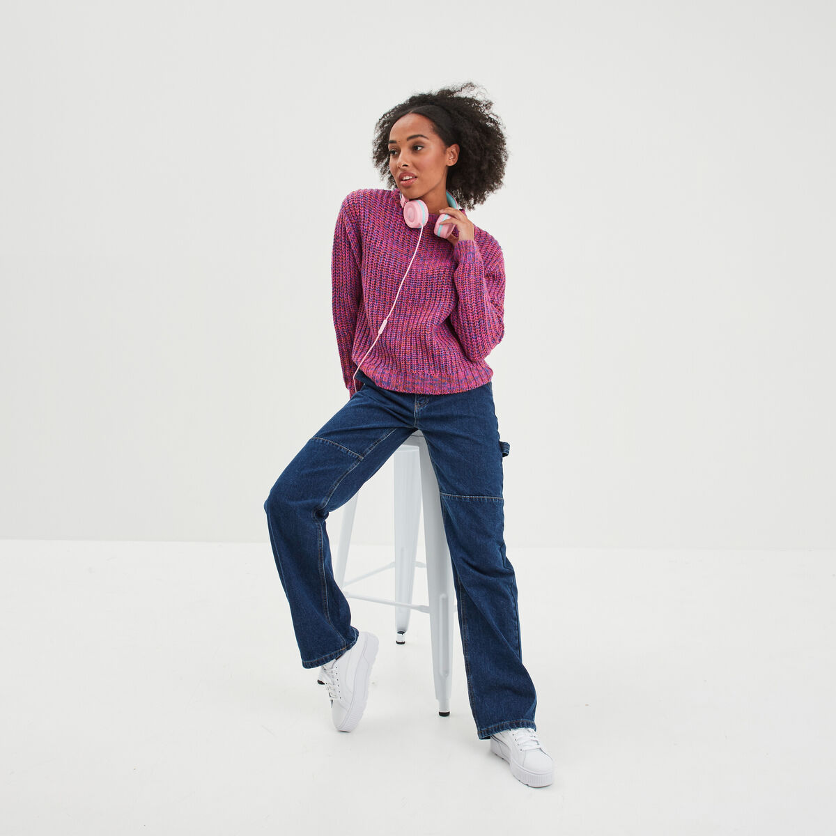 Pull côtelé col rond et manches longues rose fushia femme