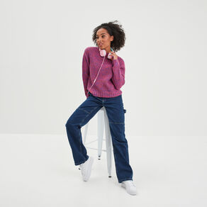 pull cotele col rond et manches longues rose fushia femme Pull côtelé col rond et manches longues rose fushia femme