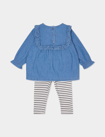 Ensemble coton 3 pièces blouse en jean ecru bébé fille