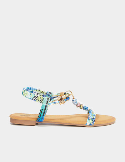 Sandales foulard et perles &eacute;lastiqu&eacute;es bleu femme