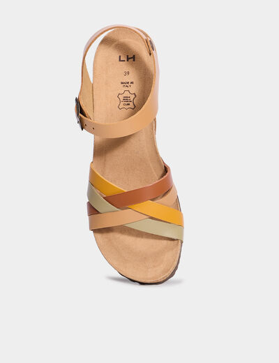 Sandales compens&eacute;es cuir avec brides marron femme