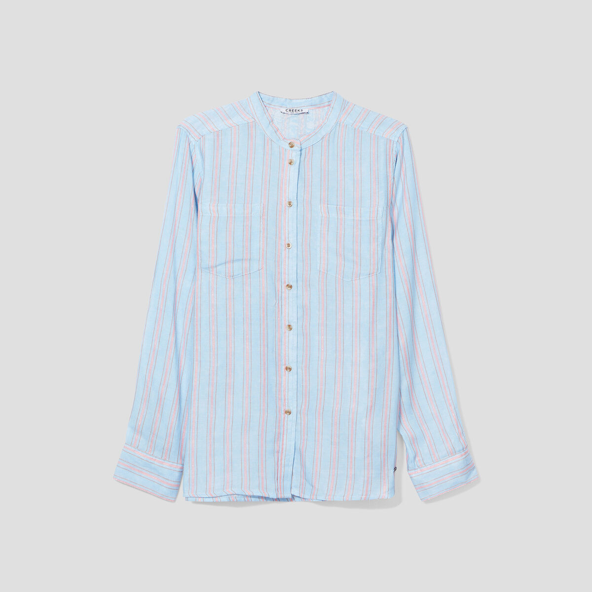 Chemise manches longues col mao bleu clair femme