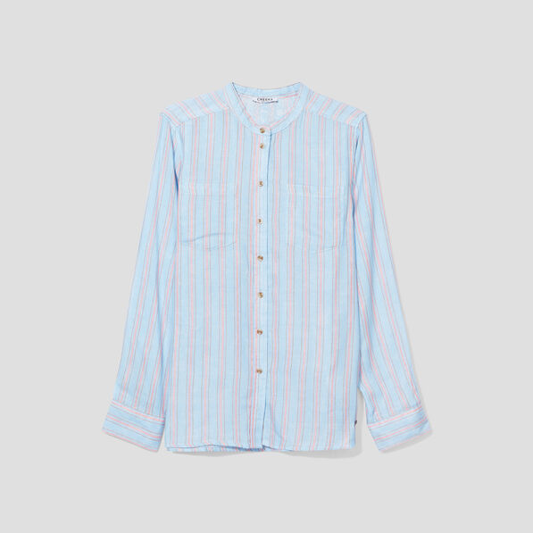 Chemise manches longues col mao bleu clair femme