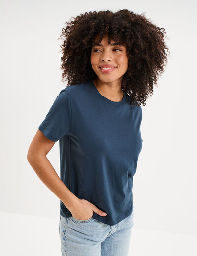 T-shirt col rond manches courtes coton bleu marine femme