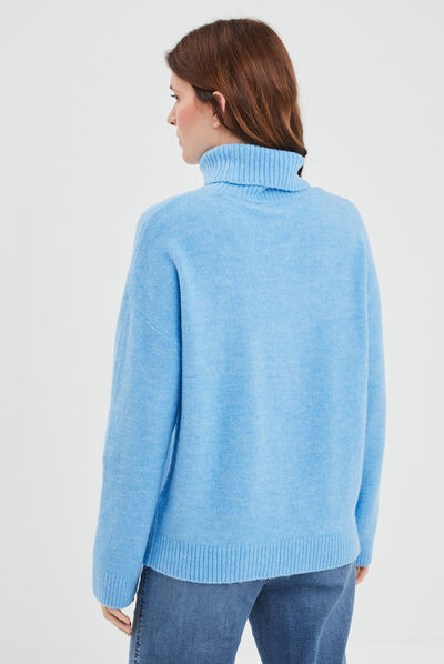 Pull col roulé droit manches longues bleu femme