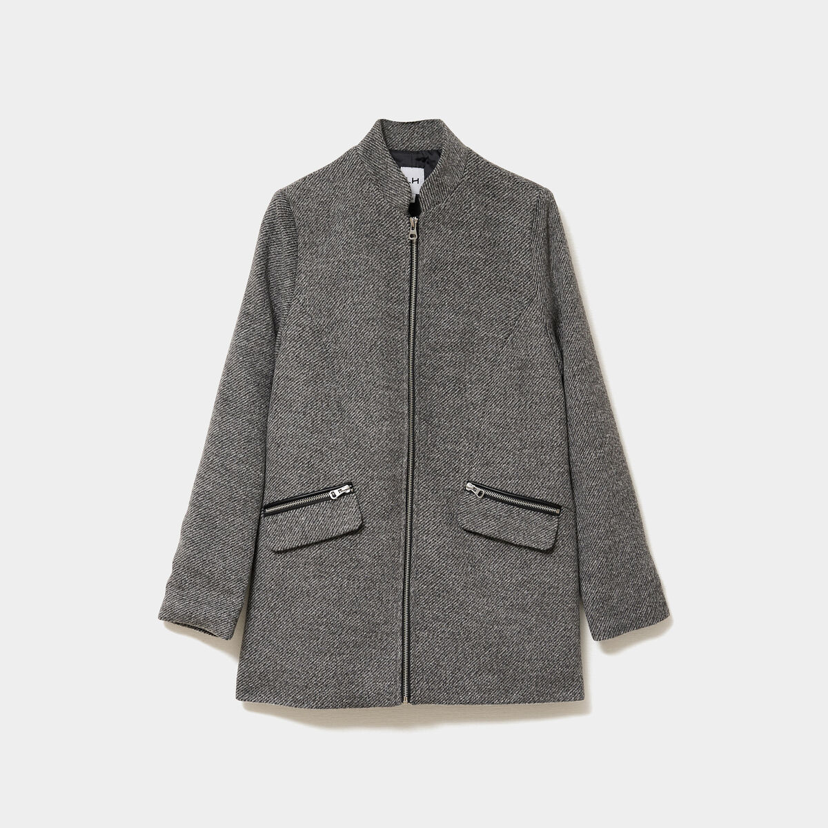 Manteau mi-long cintr&eacute; zipp&eacute; col montant gris fonc&eacute; femme