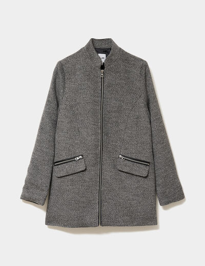 Manteau mi-long cintré zippé col montant gris foncé femme