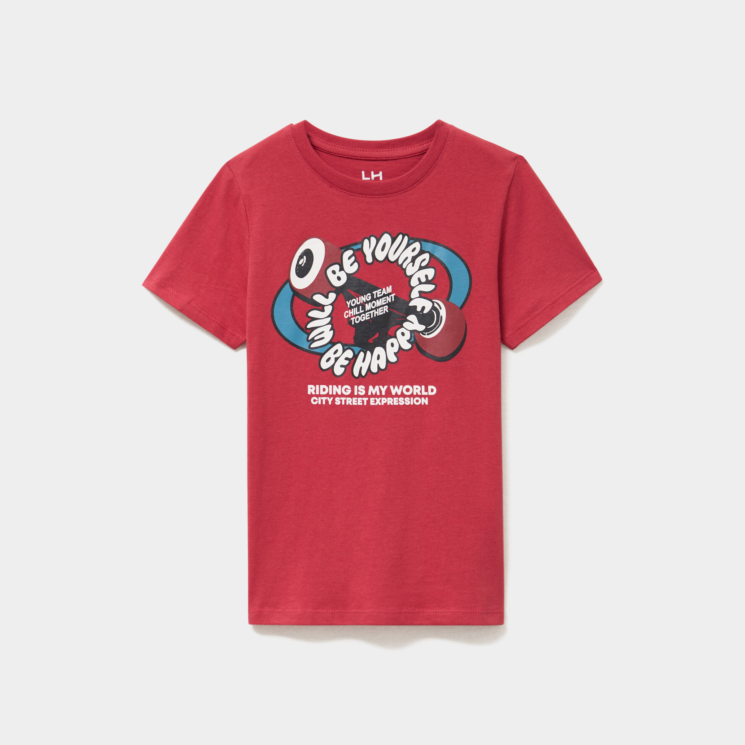T-shirt col rond manches courtes coton rouge foncé garçon LH
