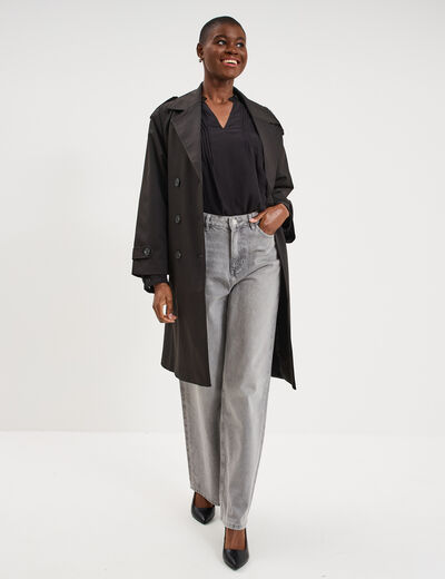 Blouse volants &eacute;paules et col noir femme