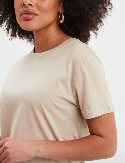 T-shirt col rond manches courtes coton beige femme