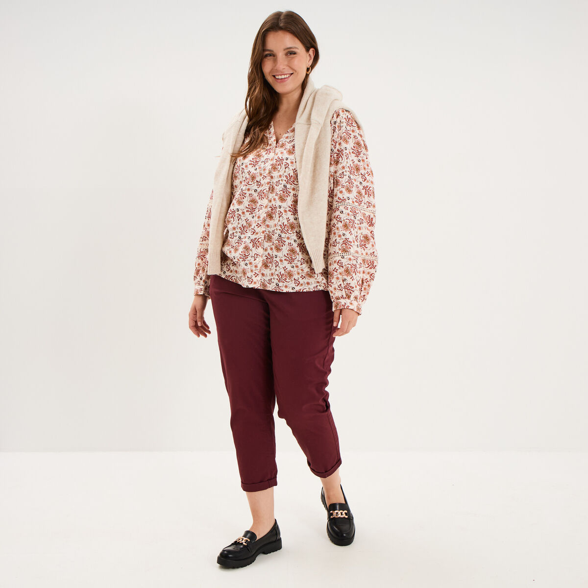 Blouse droite manches longues coton ecru femme grande taille