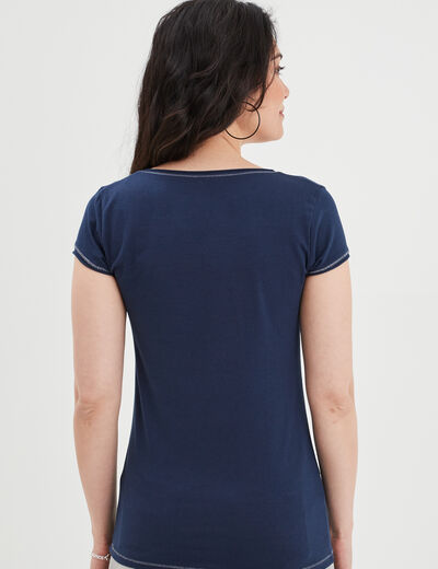T-shirt col V ajusté manches courtes bleu marine femme