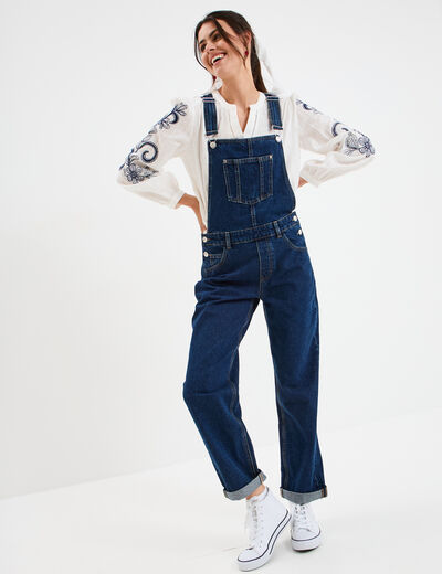 Salopette en jean mom boutonnée bleu foncé femme