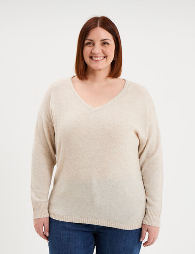 Pull col en V manches longues beige femme grande taille