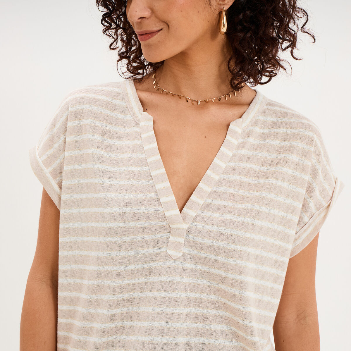 T-shirt col tunisien manches courtes beige clair femme