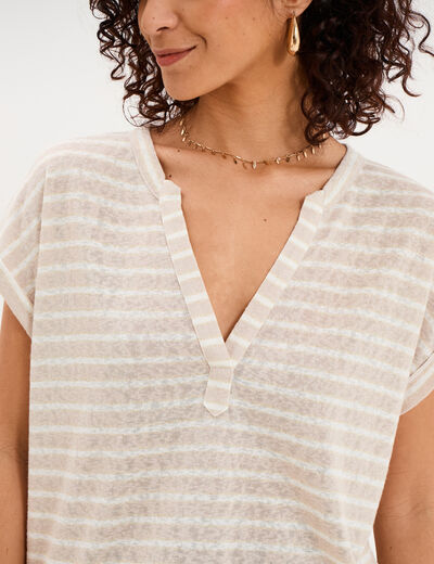 T-shirt col tunisien manches courtes beige clair femme