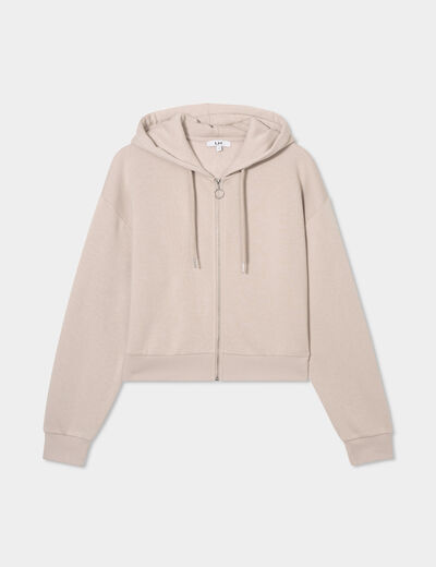 Sweat zippé à capuche court sable femme