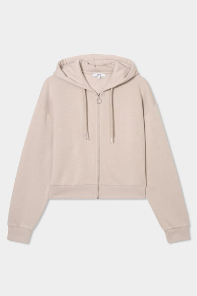 Sweat zipp&eacute; &agrave; capuche court sable femme