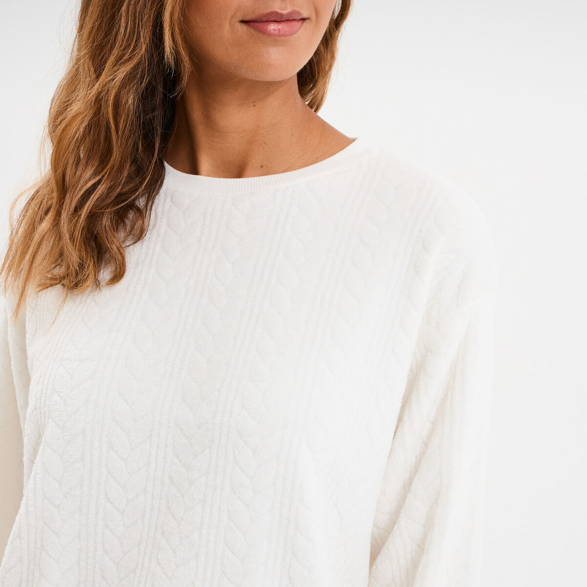 Haut de pyjama sweat polaire torsad&eacute; blanc femme