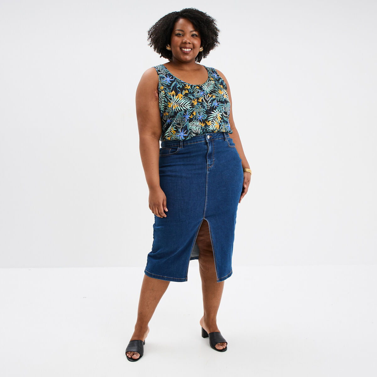 Jupe fendue en jean trap&egrave;ze denim stone femme grande taille