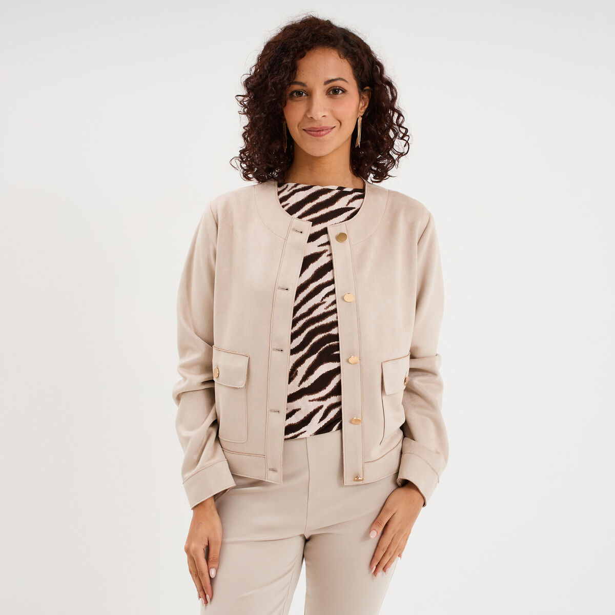 Veste boutonn&eacute;e effet su&eacute;dine beige femme