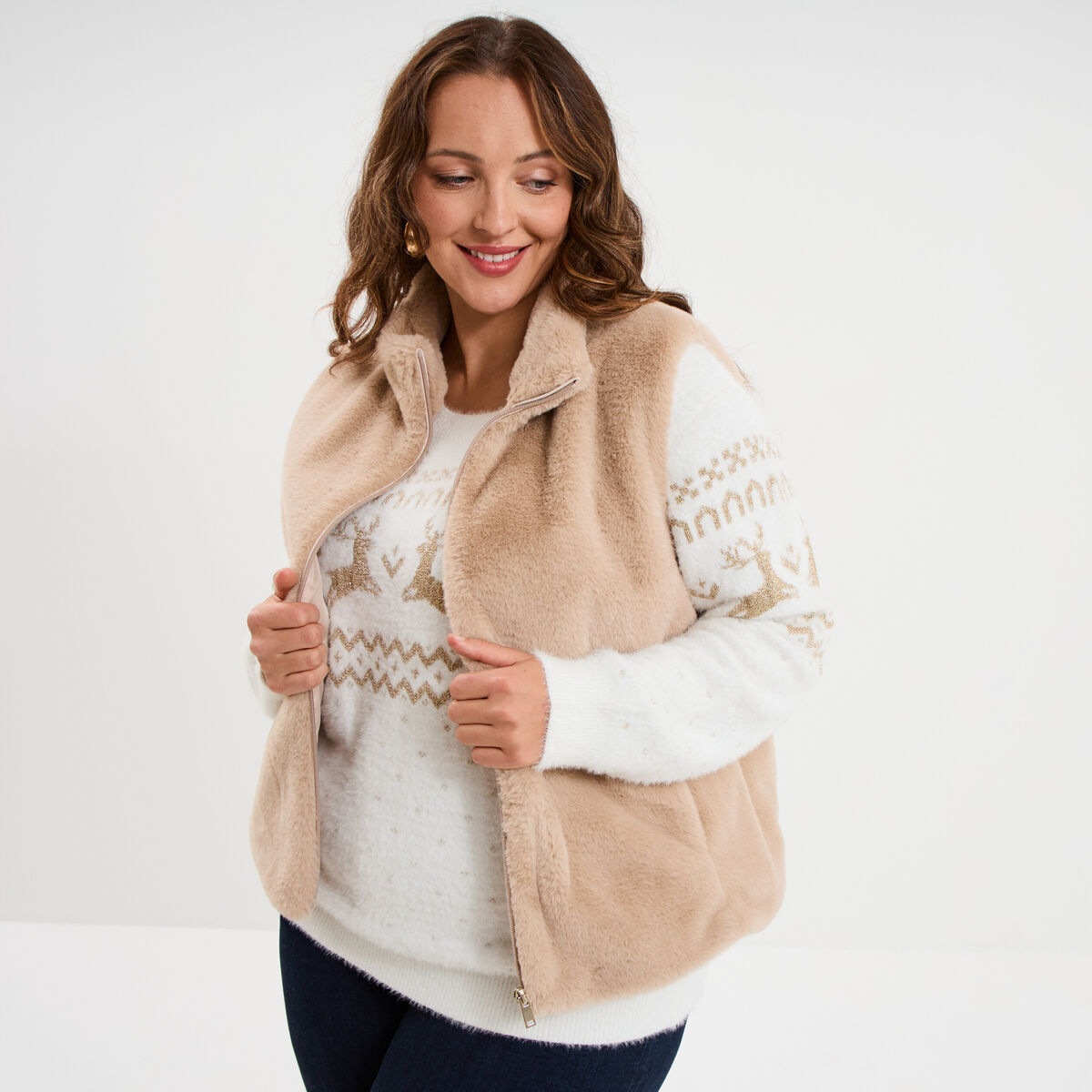 Veste fausse fourrure sans manches beige femme grande taille