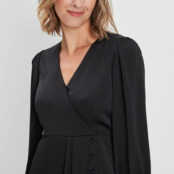 Robe portefeuille manches ballon satinée noir femme