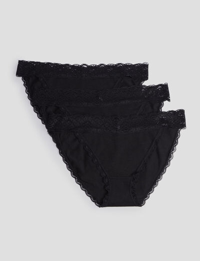 Lot 3 culottes en coton détail dentelle noir femme