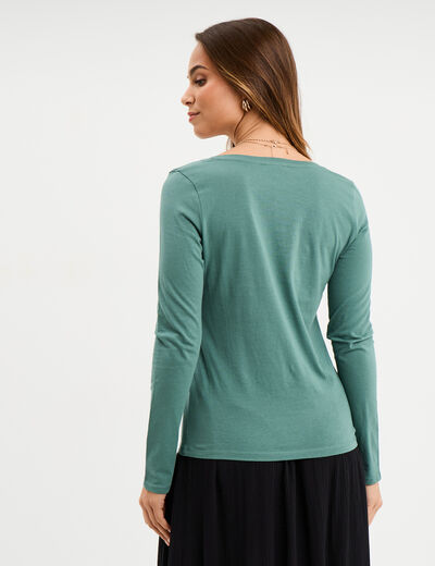 T-shirt col en V manches longues coton vert foncé femme