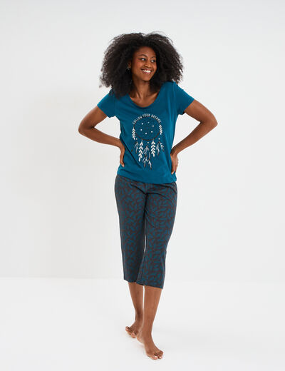 Ensemble pyjama corsaire t-shirt coton bleu canard femme