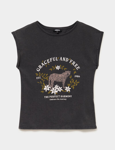T-shirt col rond manches courtes coton noir femme