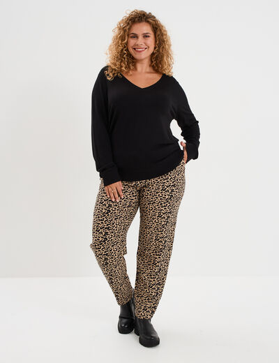 Pull fin col en V manches longues noir femme grande taille