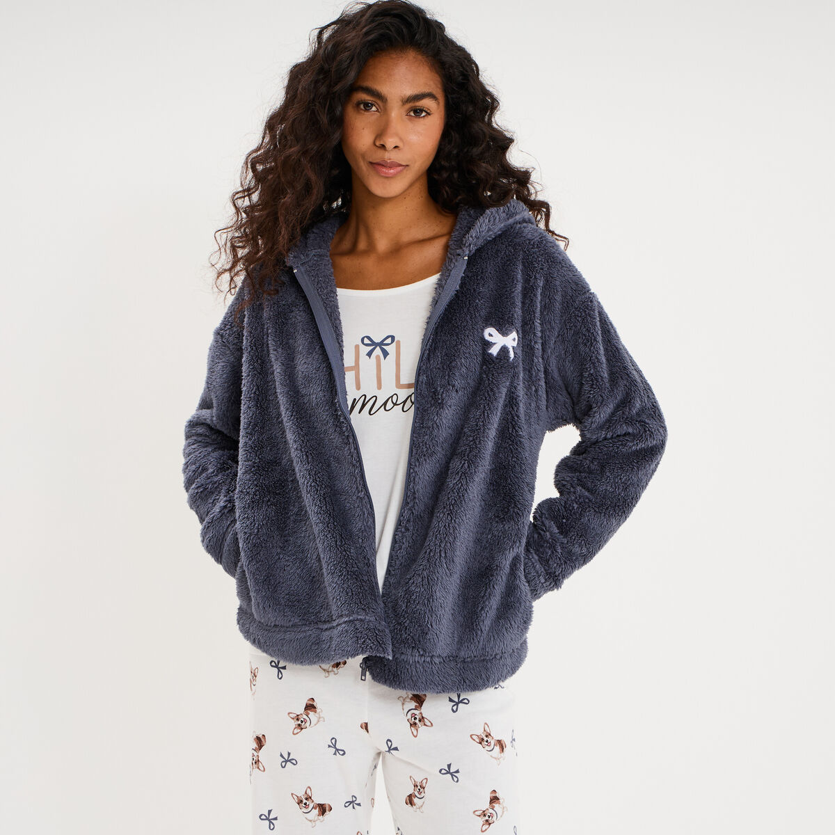 Ensemble pyjama 3 pi&egrave;ces veste polaire ecru femme