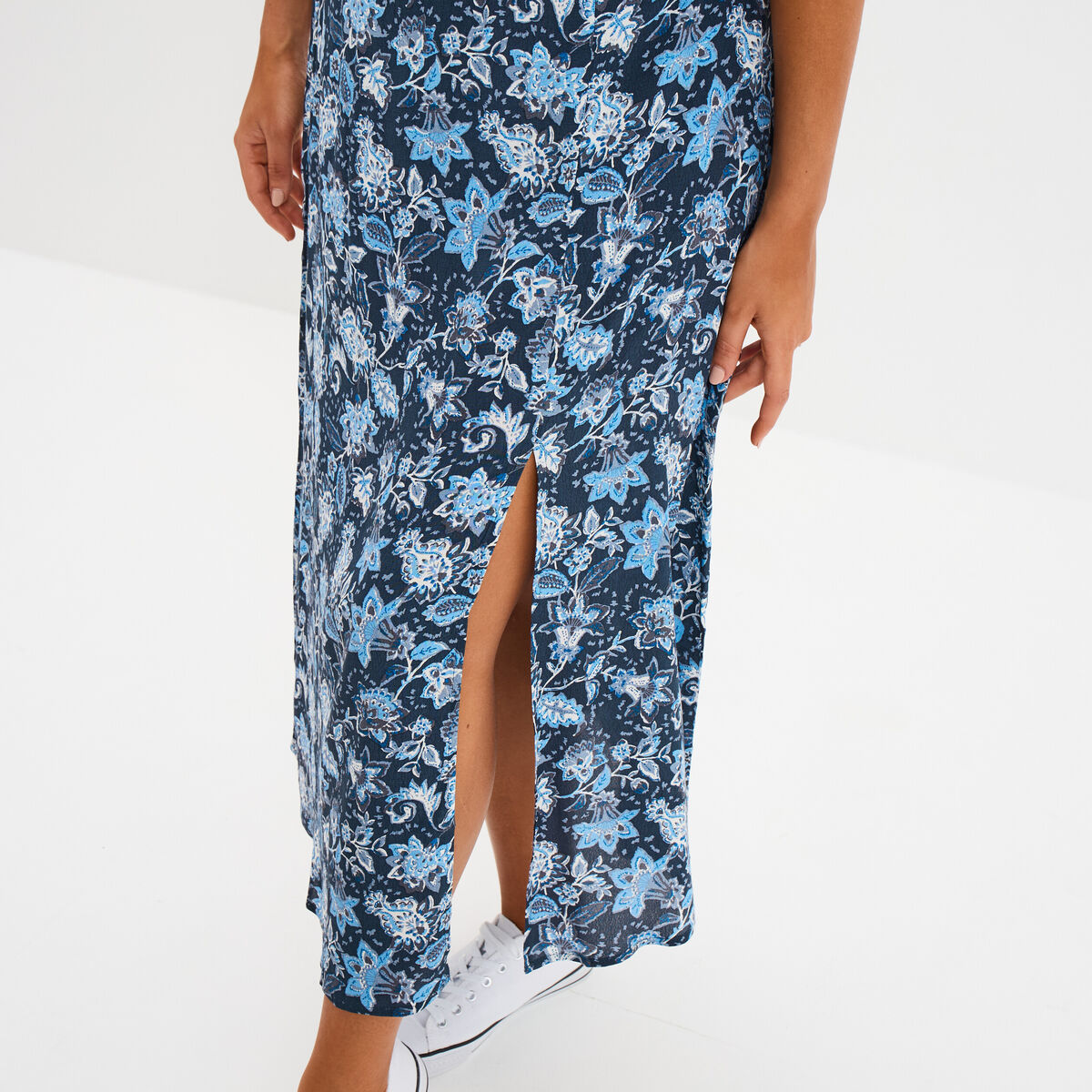 Jupe longue fendue fluide bleu marine femme