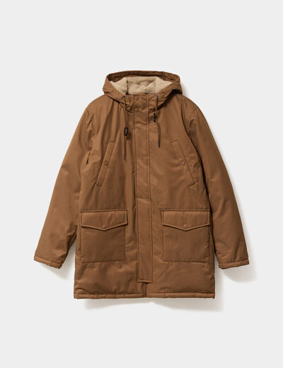 Parka mi-longue doubl&eacute;e &agrave; capuche marron homme