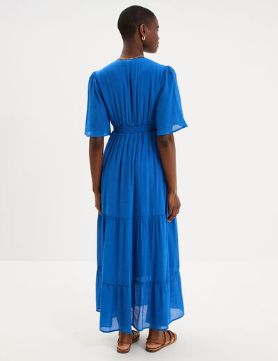 Robe longue fluide &agrave; volants bleu electrique femme