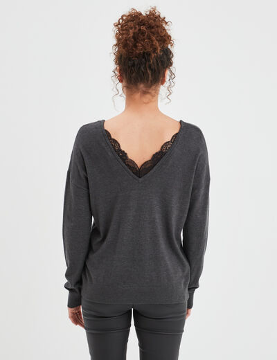 Pull dos en V avec dentelle gris foncé femme