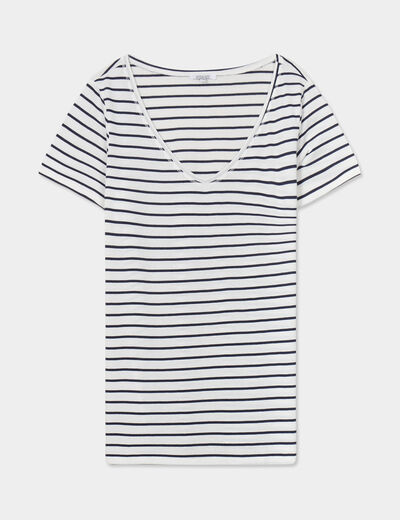 T-shirt col en V manches courtes coton ecru femme grande taille